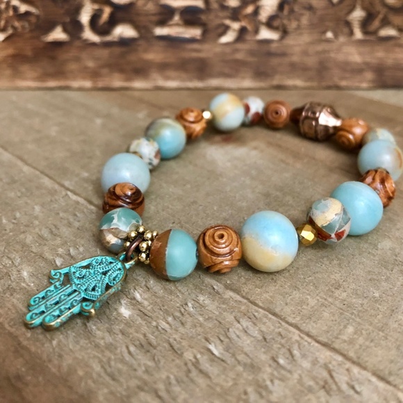 Hamsa Bracelet w/ Matching Earrings African Opal - Picture 2 of 7